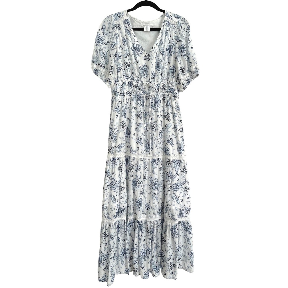 Lucky Brand Blue Paisley Tiered Maxi Dress White Cotton Blend Boho Lace Trim M - Picture 3 of 9